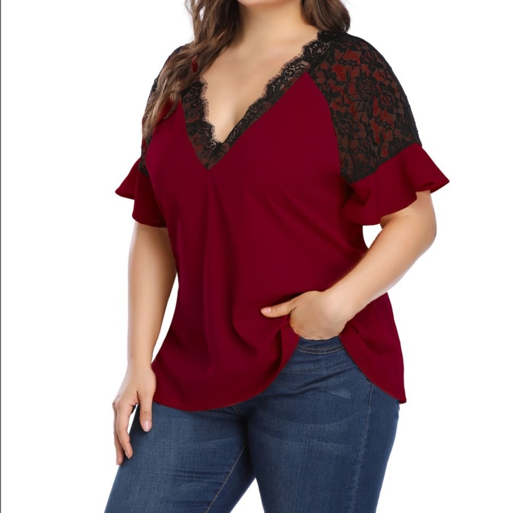 PLUS SIZE V neck Lace Flutter Sleeve Top Red - Picture 6 of 8